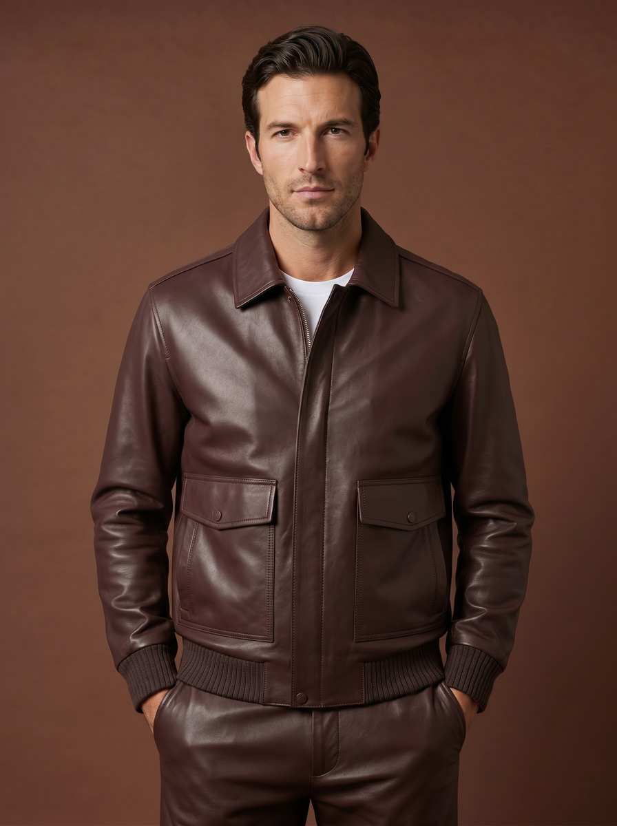 Blouson de cuir brun façon aviateur, poches à rabat et taille resserrée
