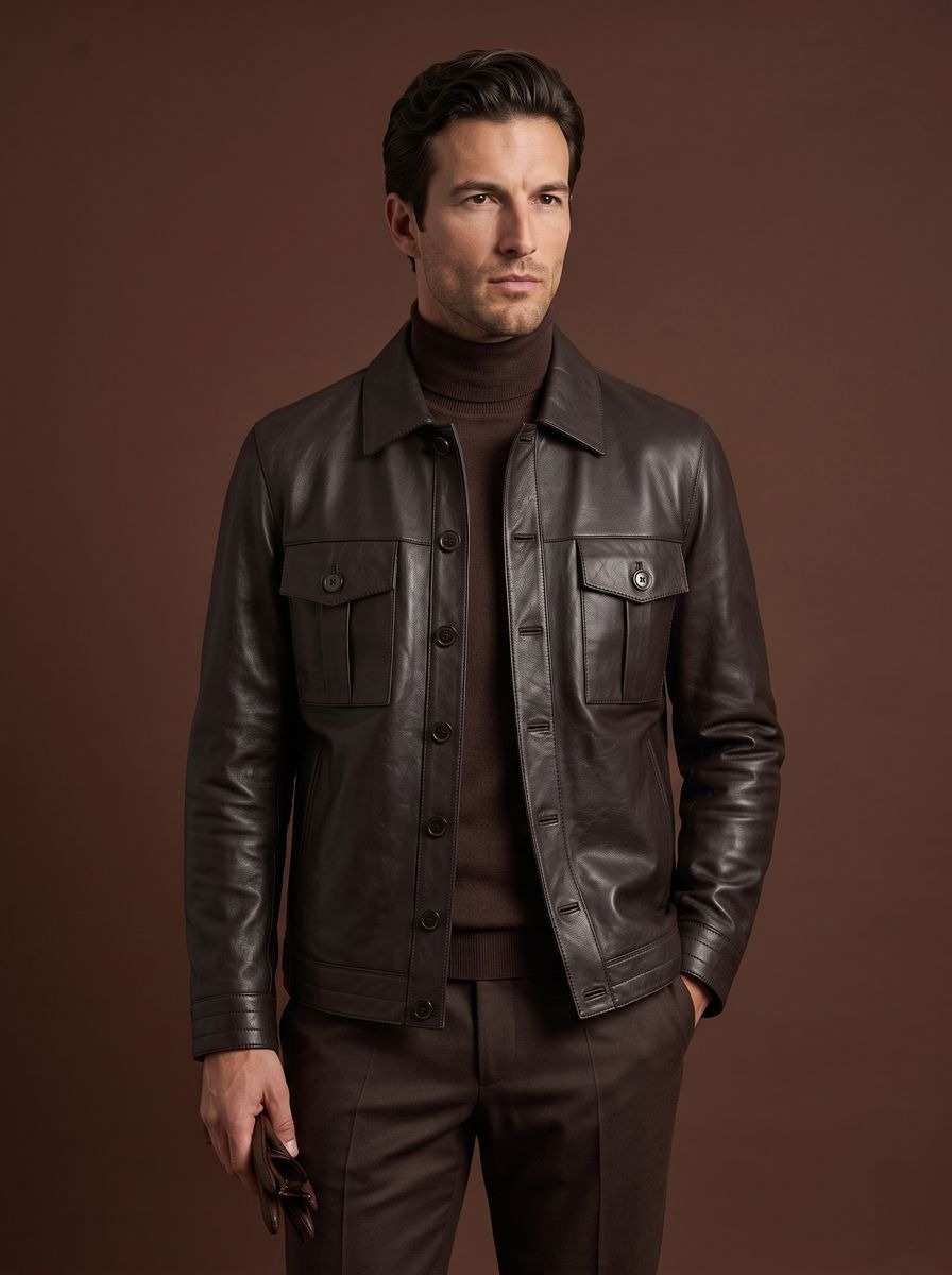 Blouson de cuir brun à quatre poches, coupe veste de travail