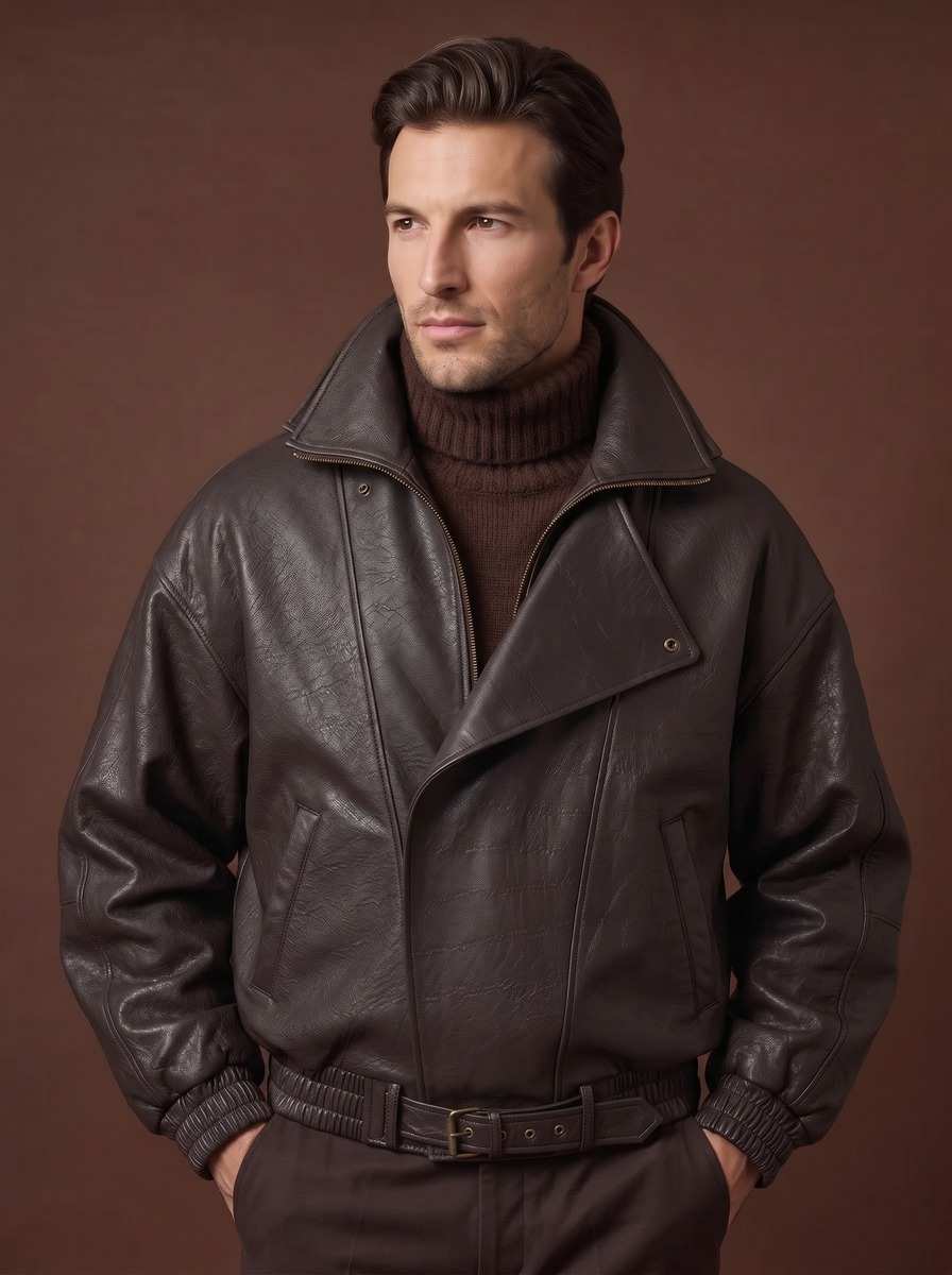 Blouson de cuir brun croisé et ceinturé, large col, porté sur un col roulé