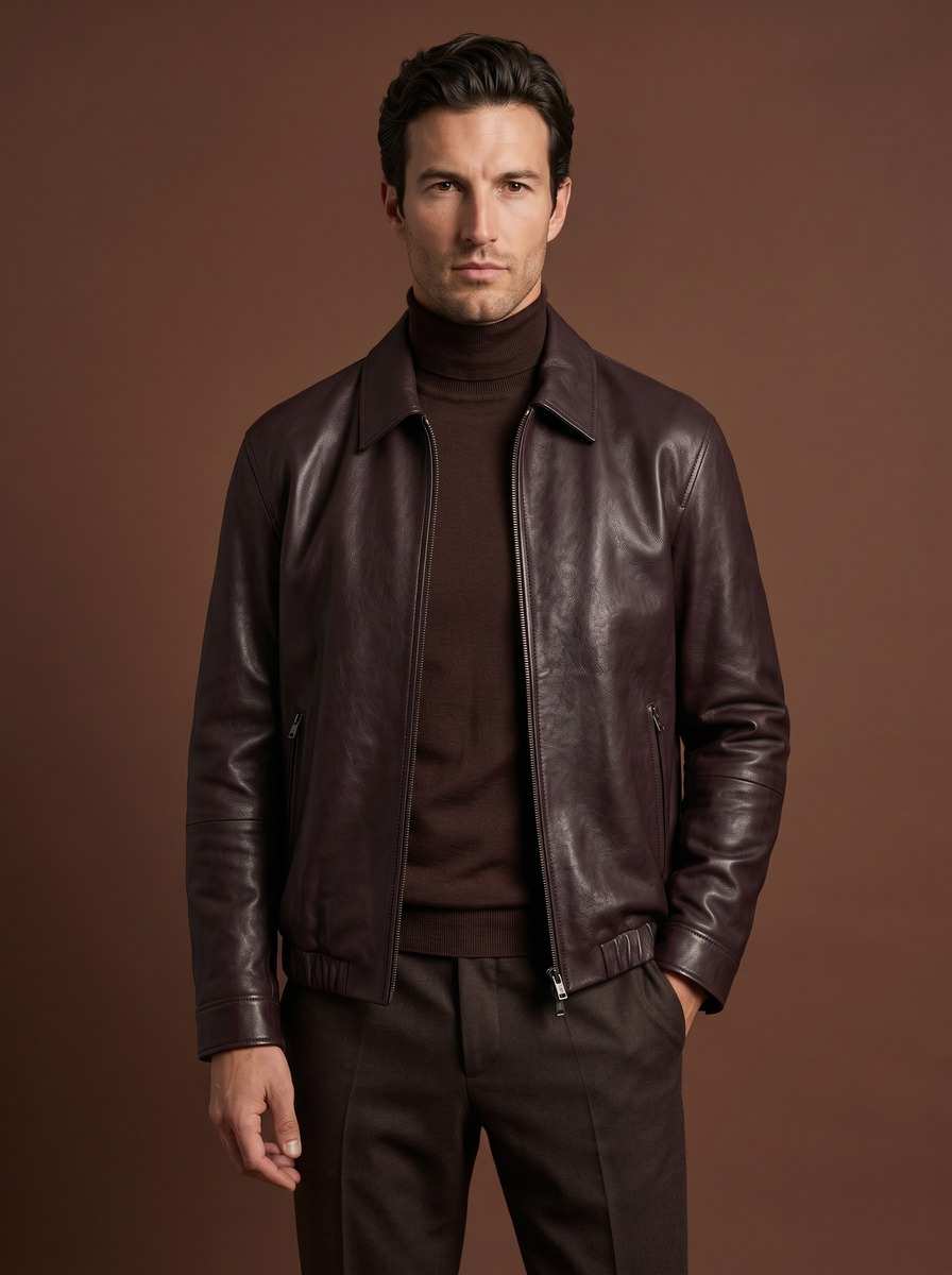 Zipped chocolate leather blouson with a shirt collar, over a brown roll-neck