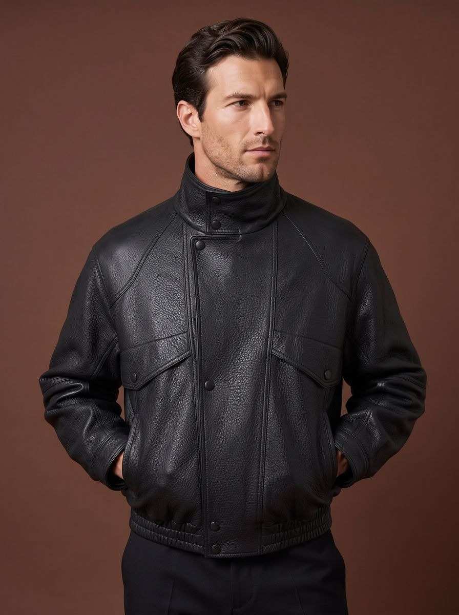 Bomber en cuir noir à col montant et bord-côte à la taille