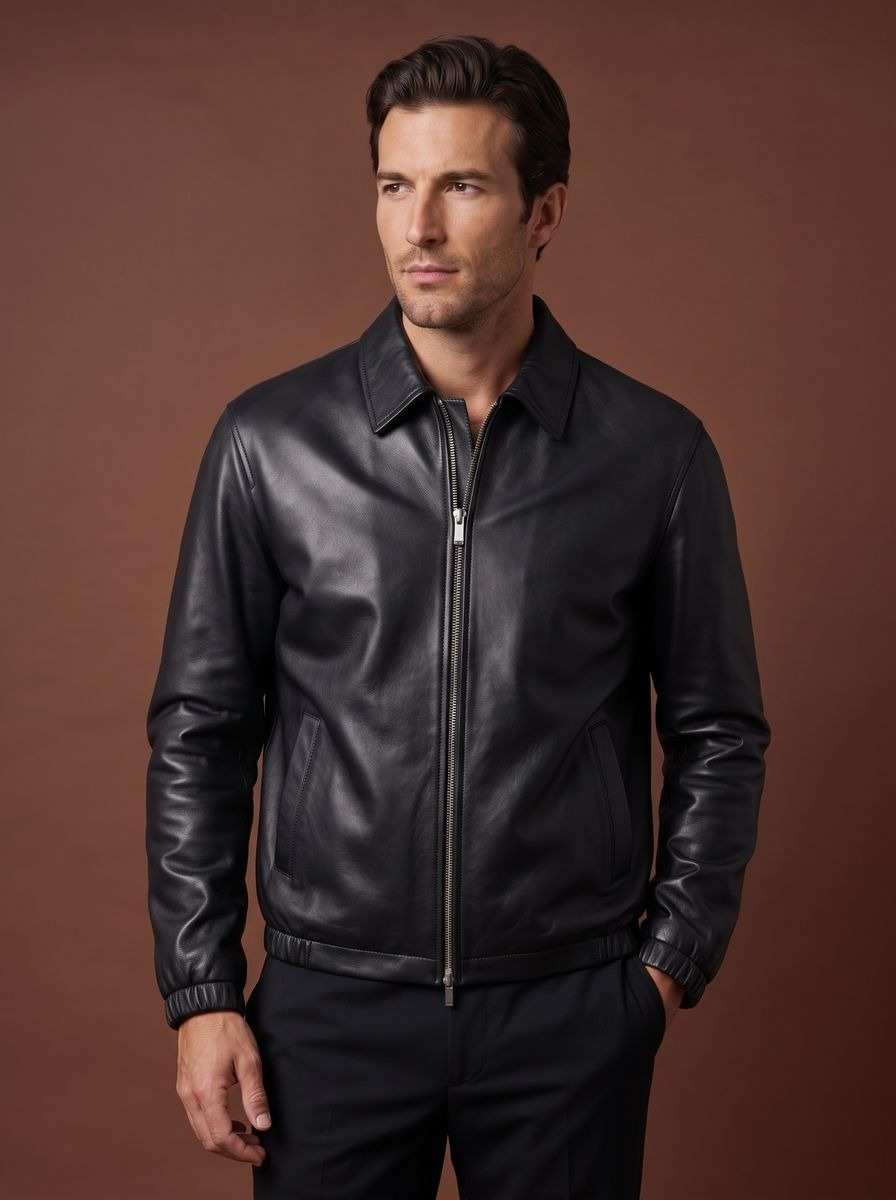 Close-fitting zipped black leather blouson with a shirt collar