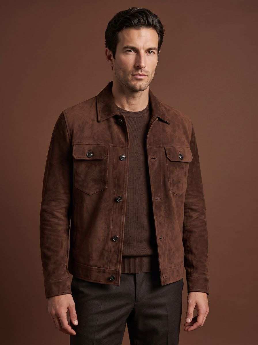Veste de travail en daim brun à quatre poches plaquées et col chemise