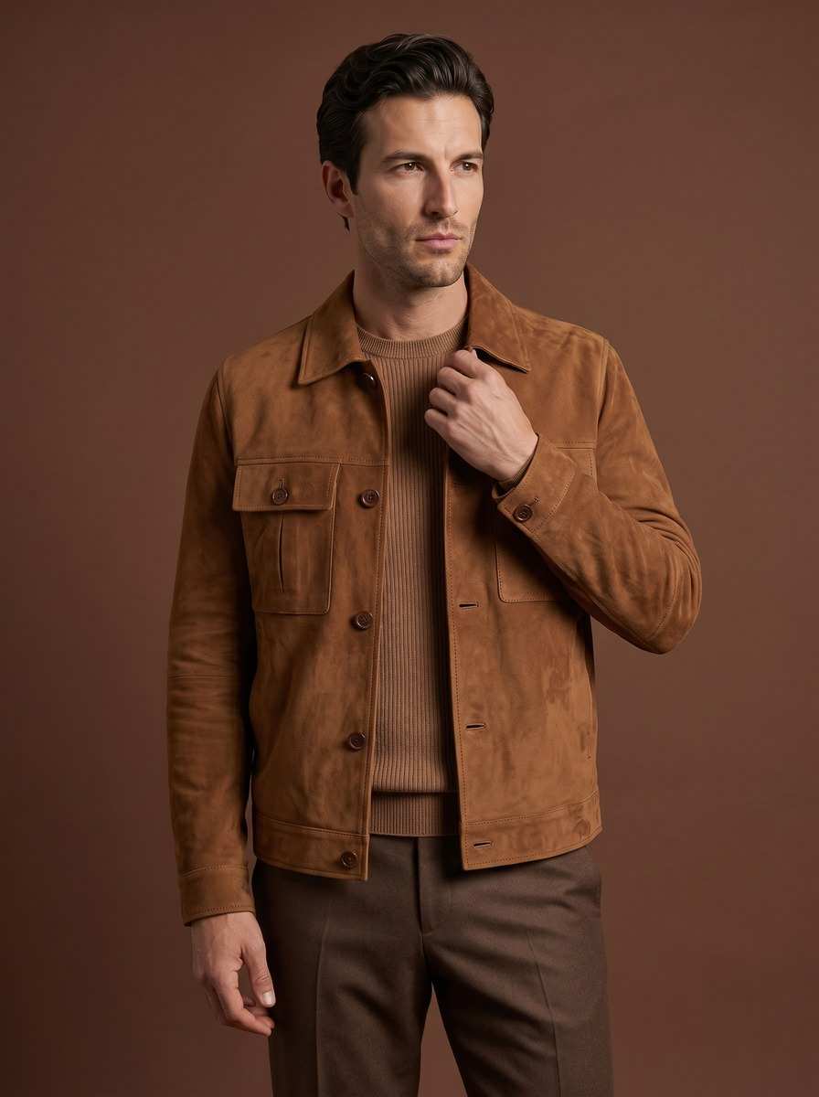 Blouson en daim camel à poches poitrine, porté sur un pull brun