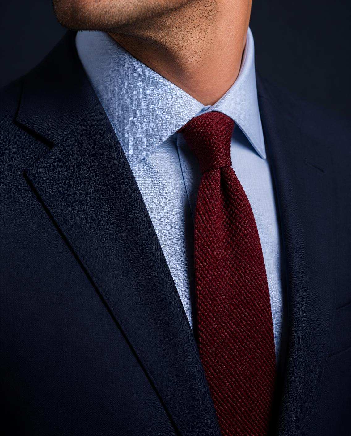 Col français sur chemise bleu ciel, cravate bordeaux
