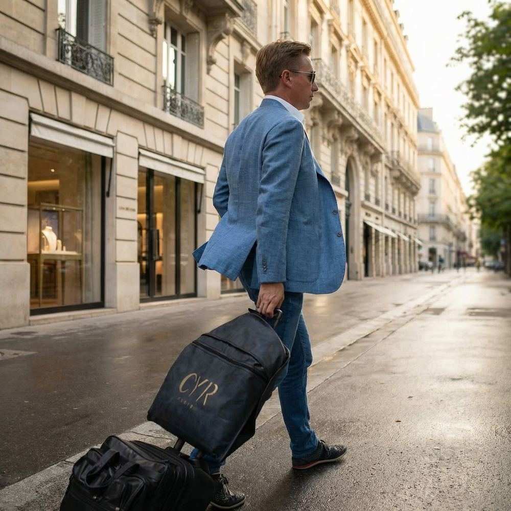 Christian Y. Rousset en route vers un client, valise et housse brodées CYR à la main
