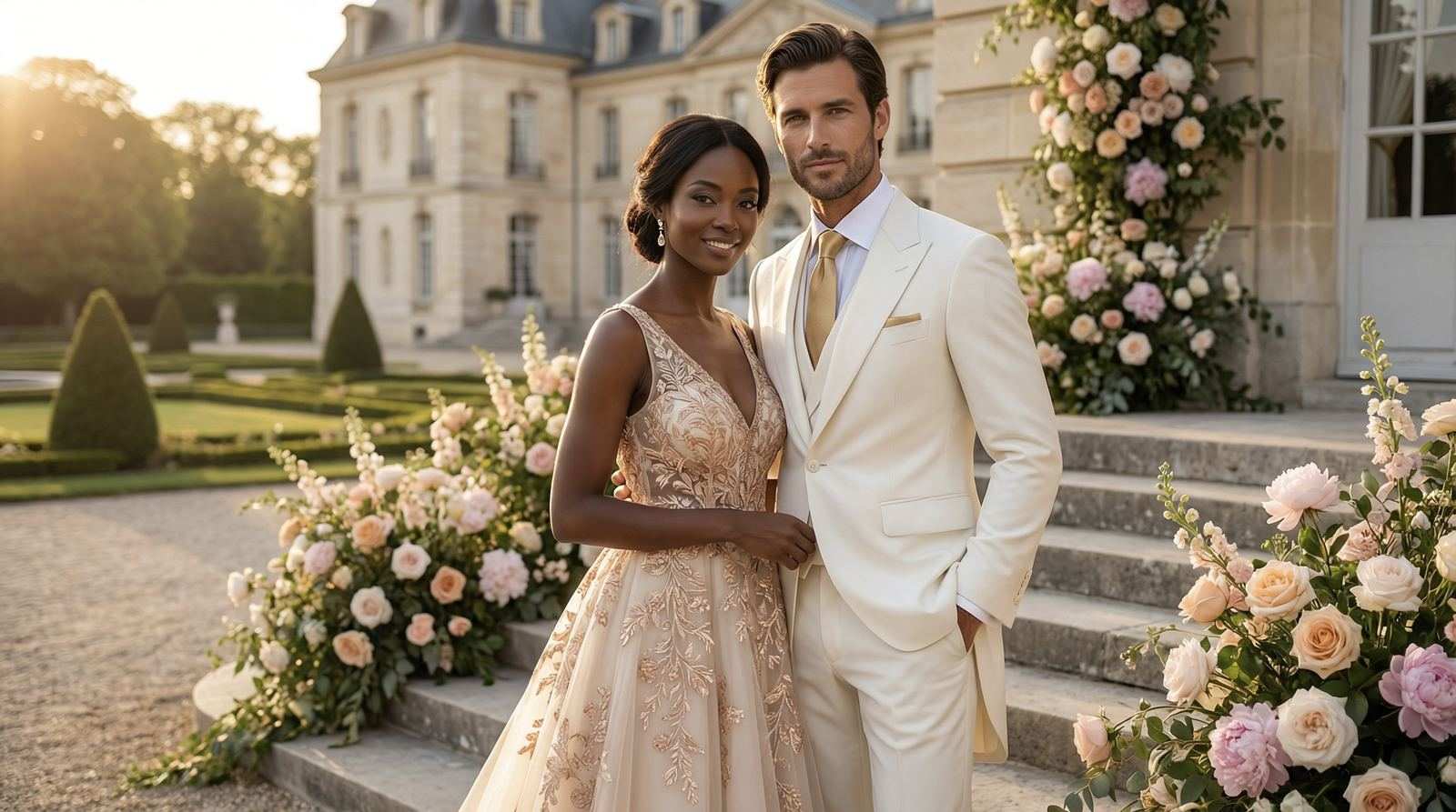 Un couple de mariés devant un château, le marié en trois pièces ivoire et cravate dorée