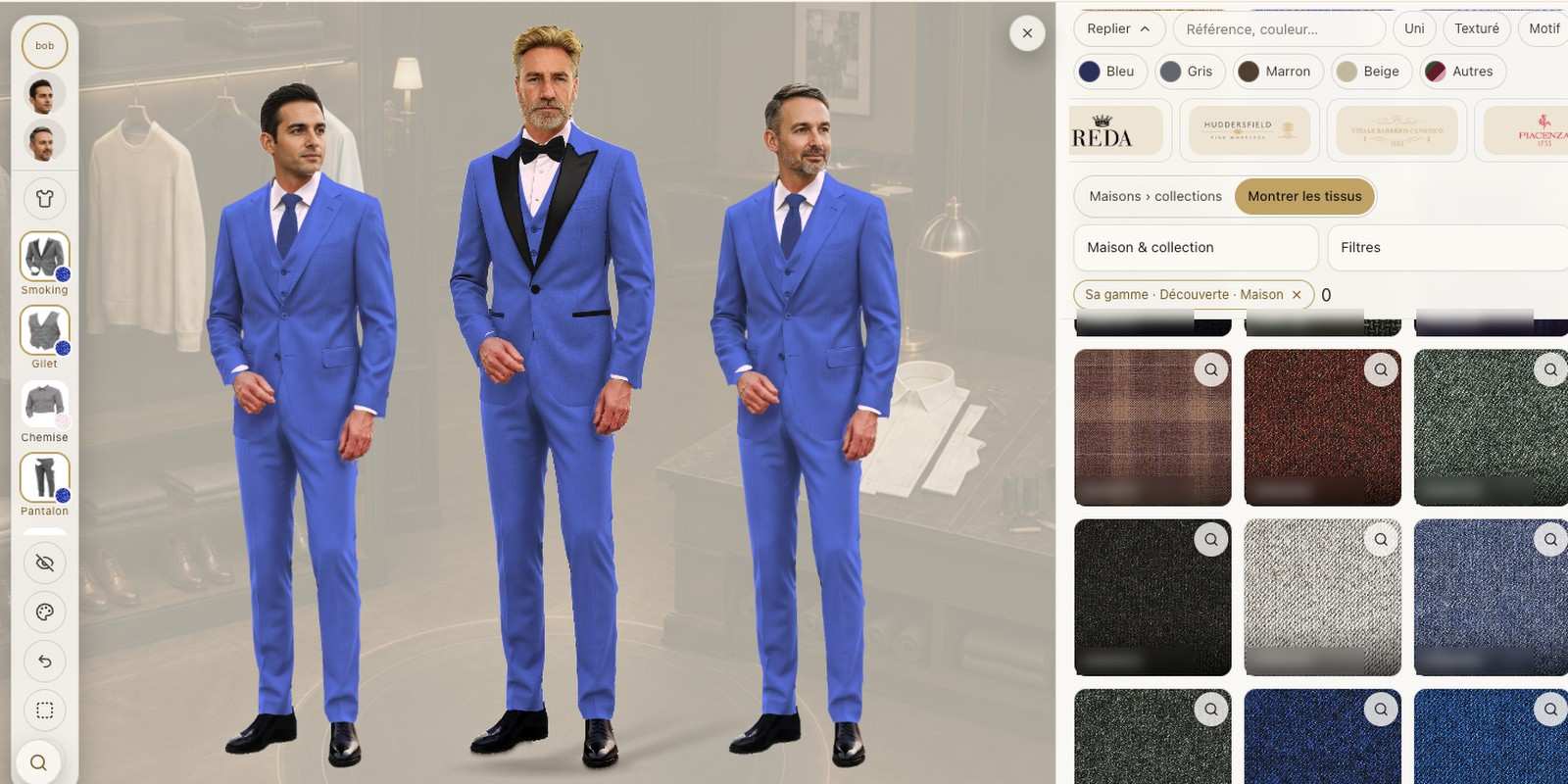 L'application, les étoffes à l'écran : trois avatars dans le même bleu, les vignettes d'étoffes et les filtres par couleur à côté