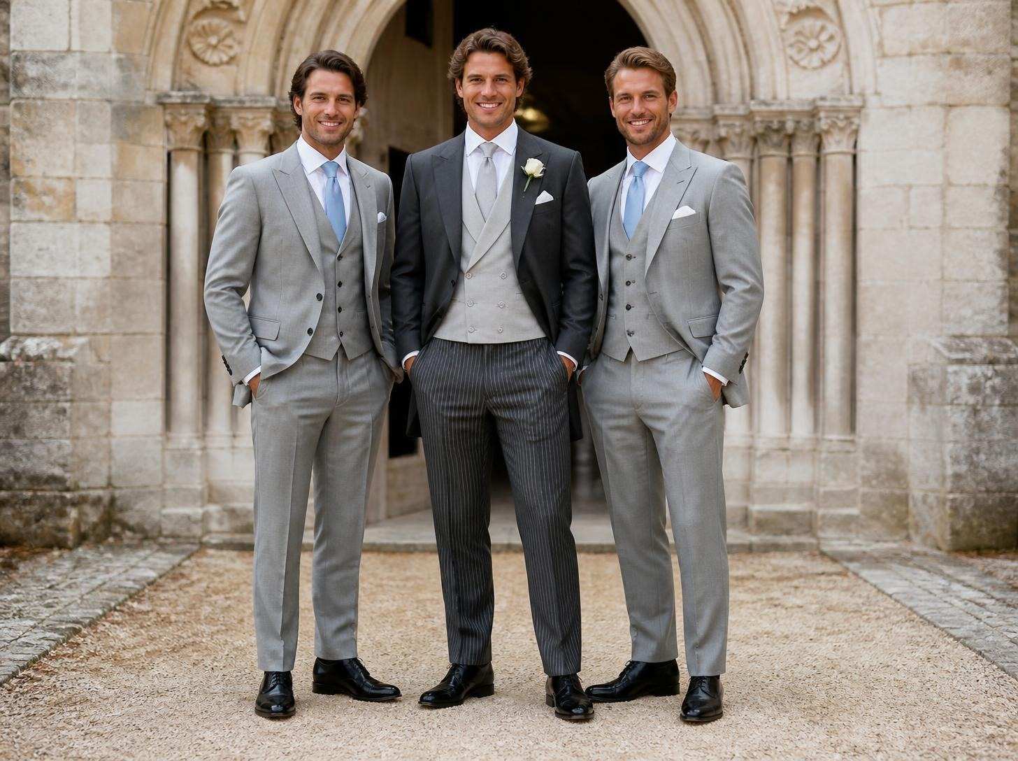Le marié en jaquette anthracite et gilet croisé gris, entre ses deux témoins en trois pièces gris perle, devant le portail d'une église