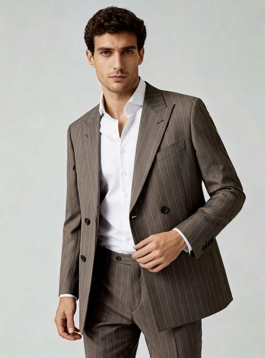 Costume croisé brun à fine rayure, chemise blanche ouverte