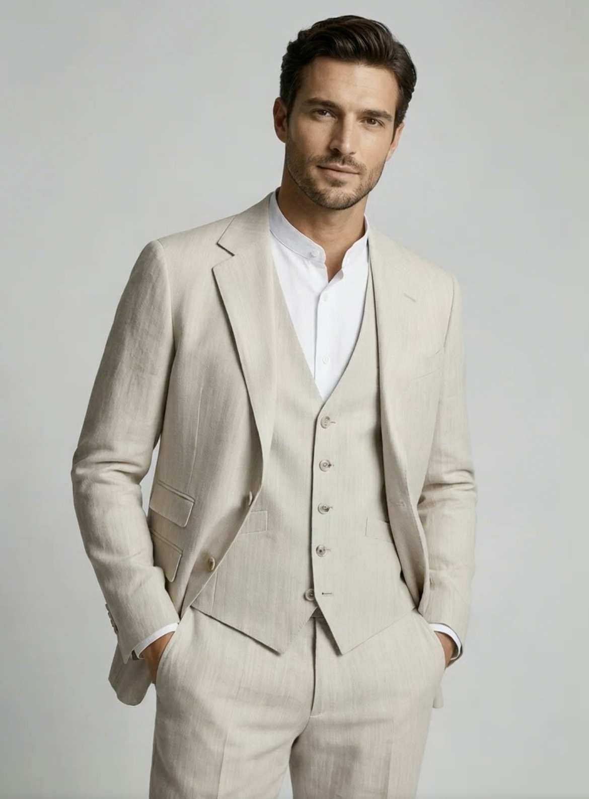 Costume trois pièces écru, gilet boutonné, chemise blanche
