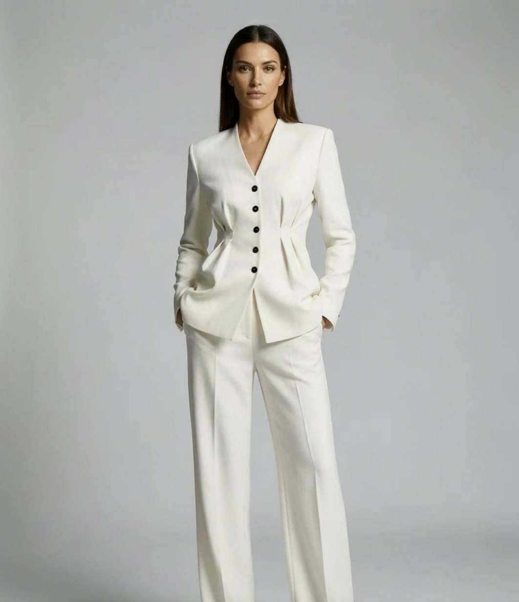 Tailleur pantalon ivoire, veste cintrée à boutons noirs
