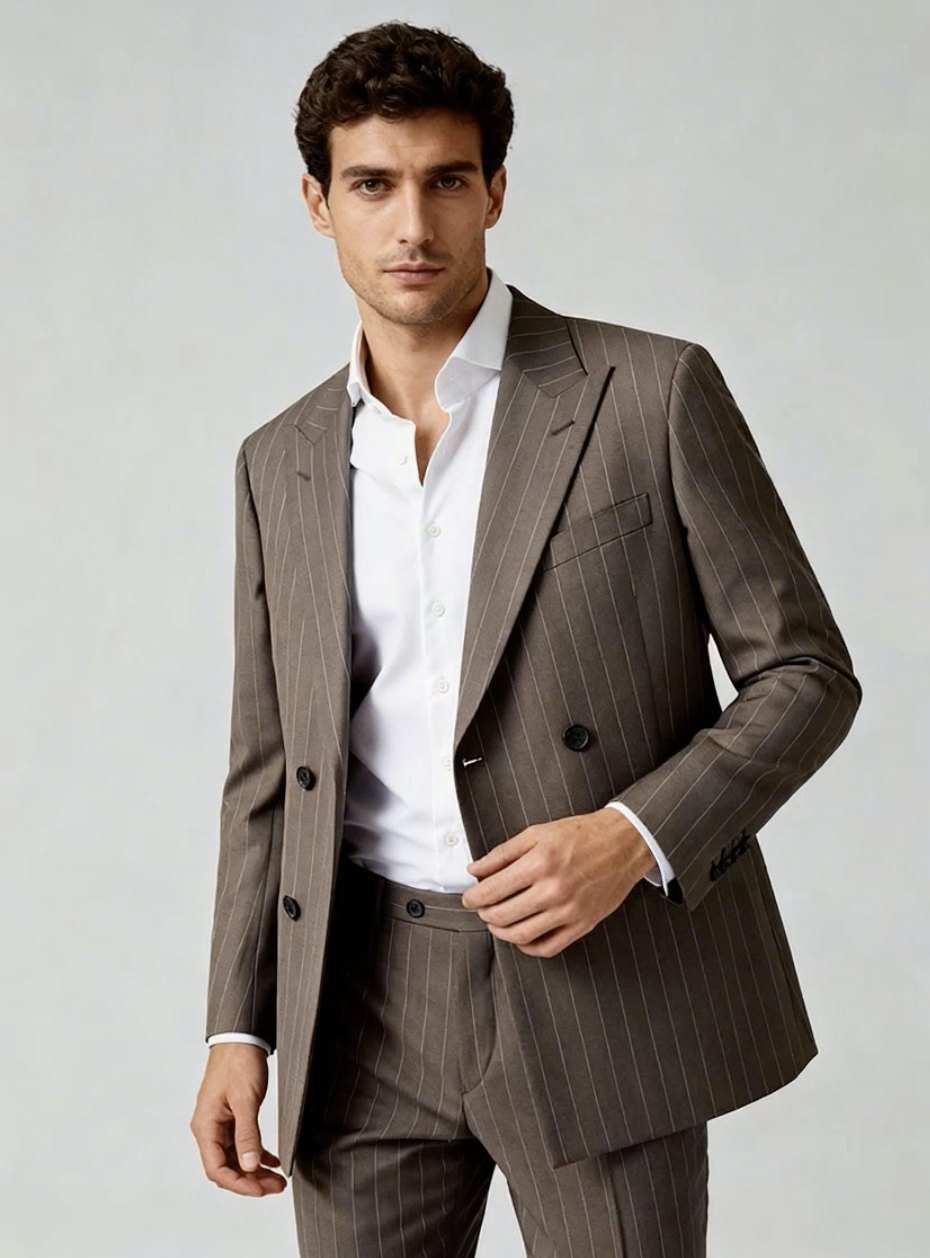 Costume croisé brun à rayure tennis, veste ouverte sur une chemise blanche sans cravate