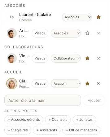 L'application, le panneau des rôles : chaque personne de l'équipe rattachée à son poste