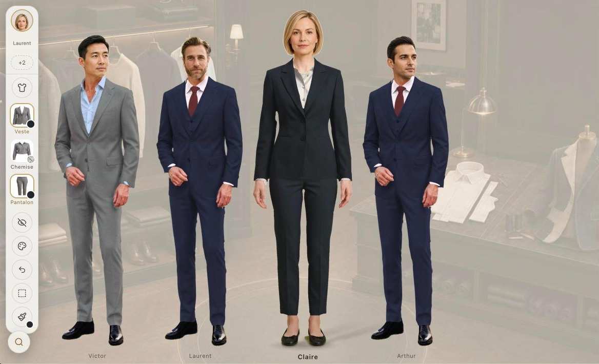 L'application, une équipe de cabinet habillée par rôle : deux associés en trois-pièces bleu marine, un collaborateur en costume gris, l'accueil en tailleur bleu marine