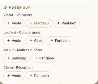 L'application, la fiche d'une étoffe : la poser sur une personne ou sur tout un rôle