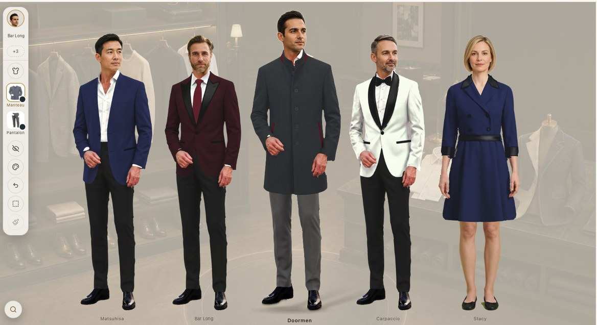 L'application, l'équipe d'un hôtel : le voiturier en manteau long à col officier, les maîtres d'hôtel des trois restaurants en veste de soirée, la réception en robe manteau