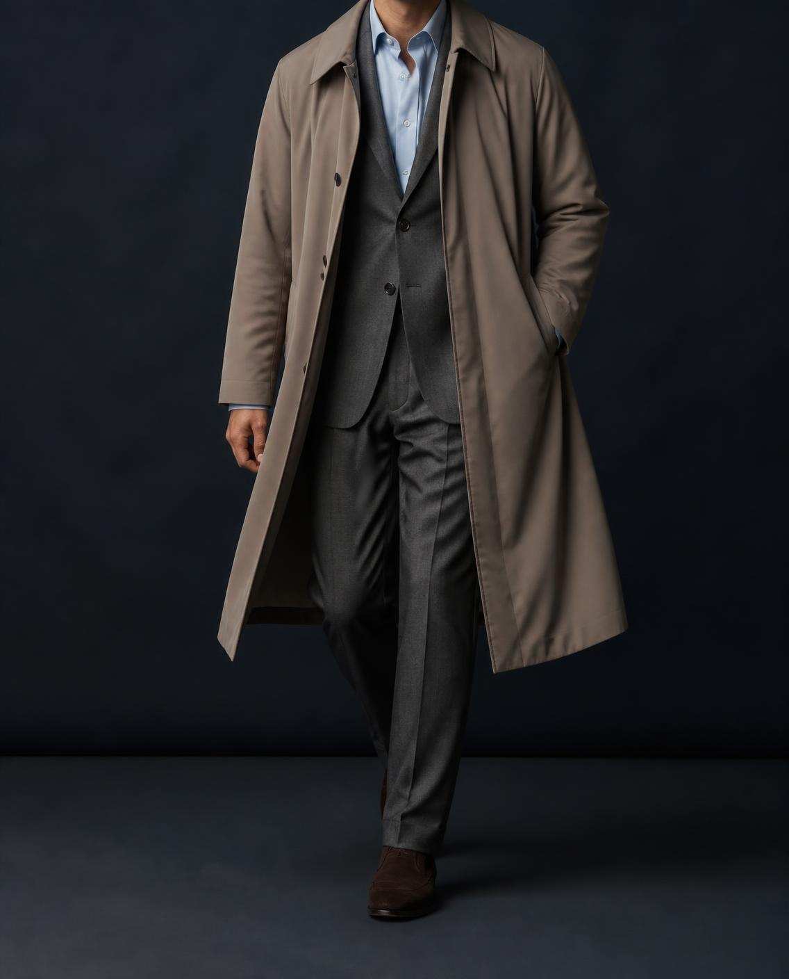 Pardessus long en gabardine taupe, porté ouvert sur un costume gris