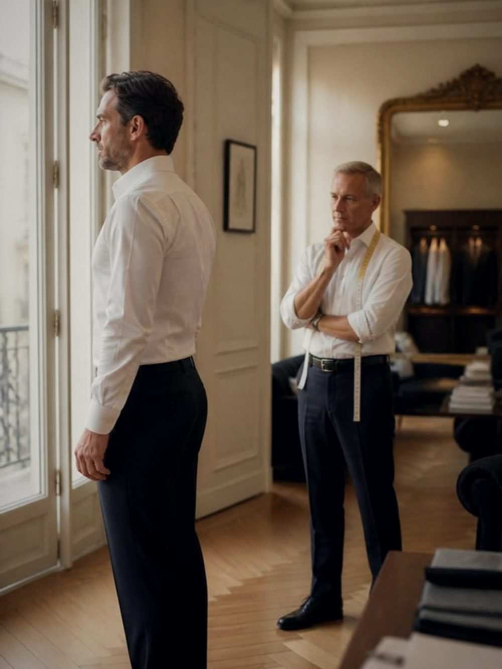 In the salon, the posture of a client in a white shirt, observed before measuring