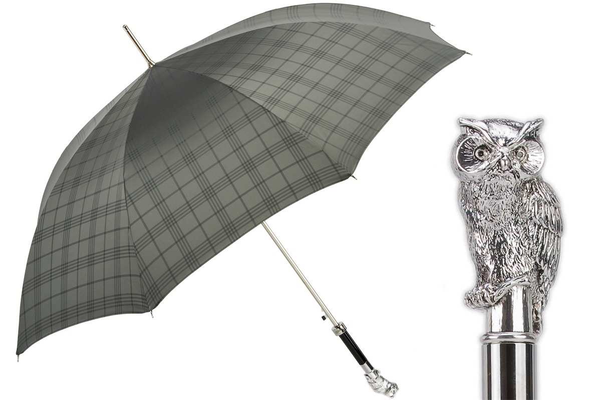 Parapluie Pasotti gris à carreaux et poignée chouette argentée