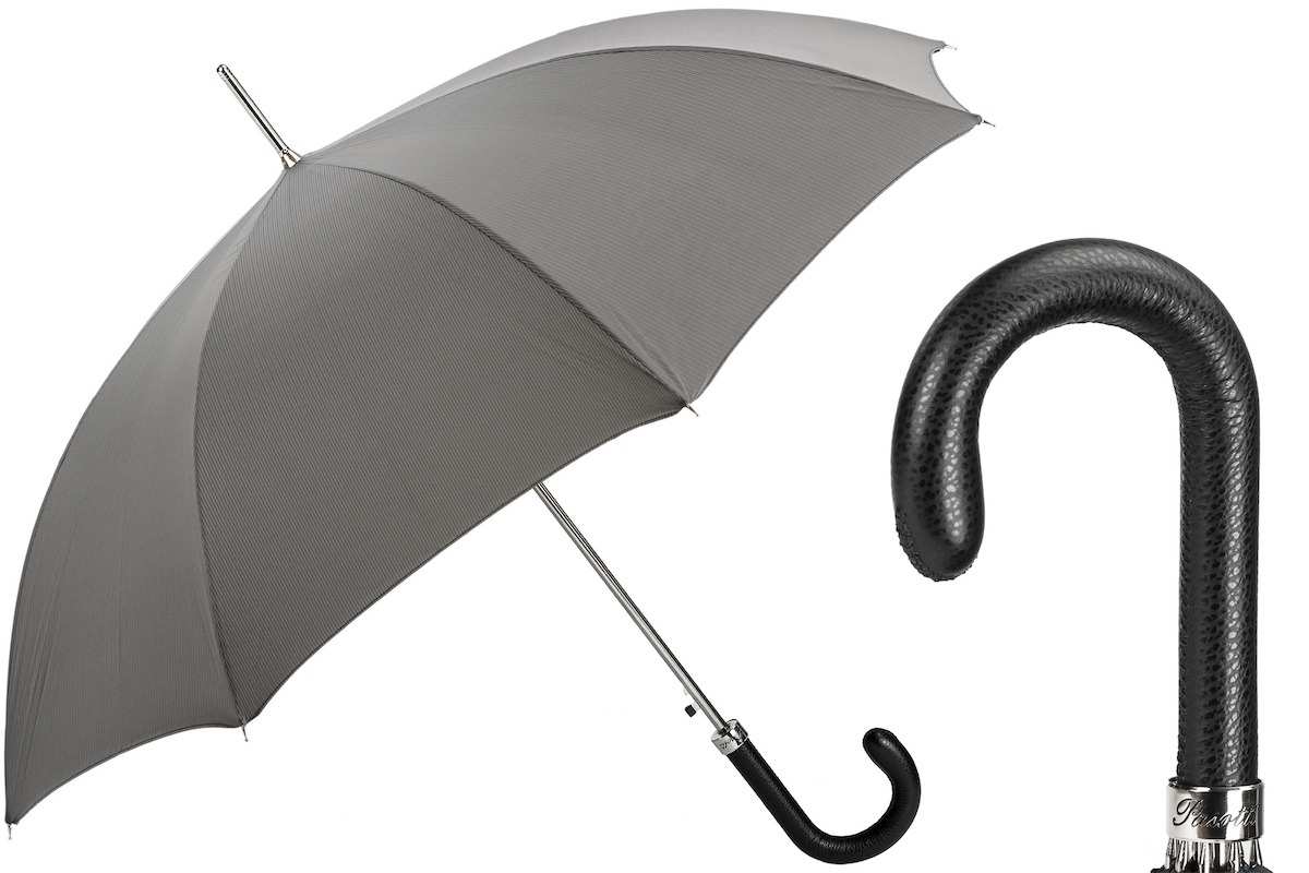 Parapluie Pasotti gris perle à crosse de cuir noir