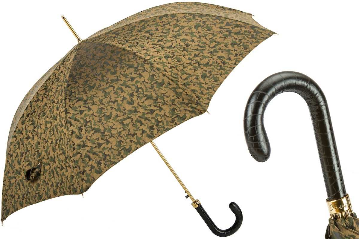 Parapluie Pasotti à toile kaki imprimée et crosse de cuir