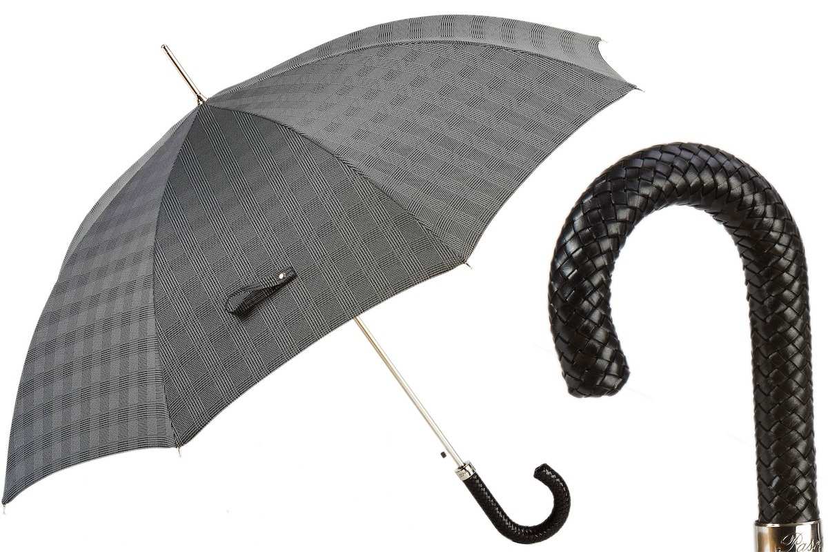Parapluie Pasotti à toile grise à carreaux et crosse de cuir tressé