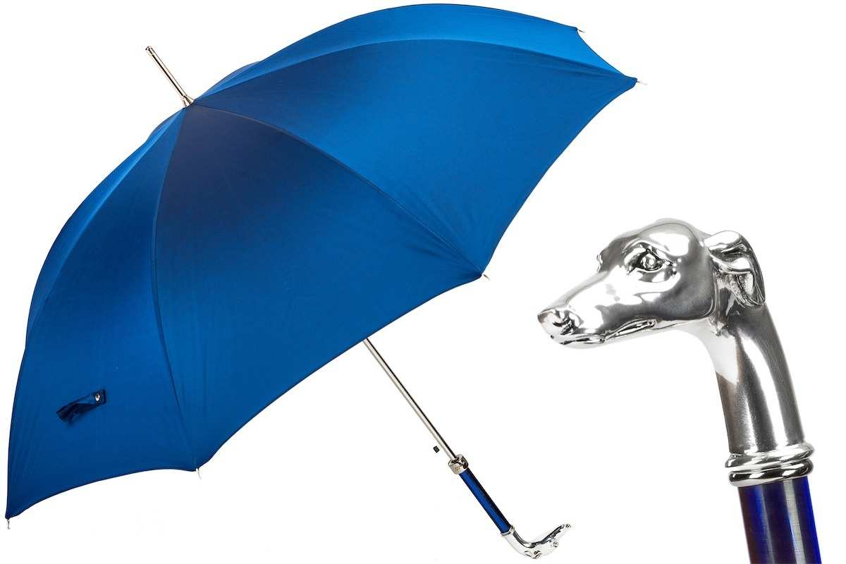 Parapluie Pasotti bleu roi à poignée tête de lévrier argentée