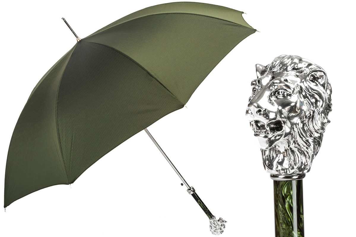 Parapluie Pasotti vert olive à poignée tête de lion argentée