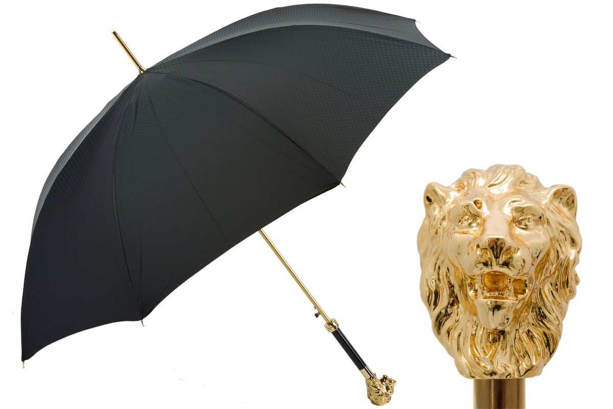 Parapluie Pasotti noir à poignée tête de lion dorée