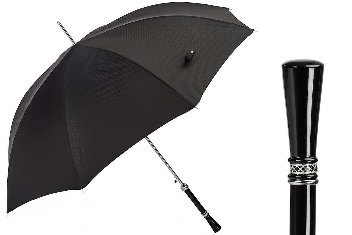 Parapluie Pasotti noir à pommeau noir cerclé d'argent