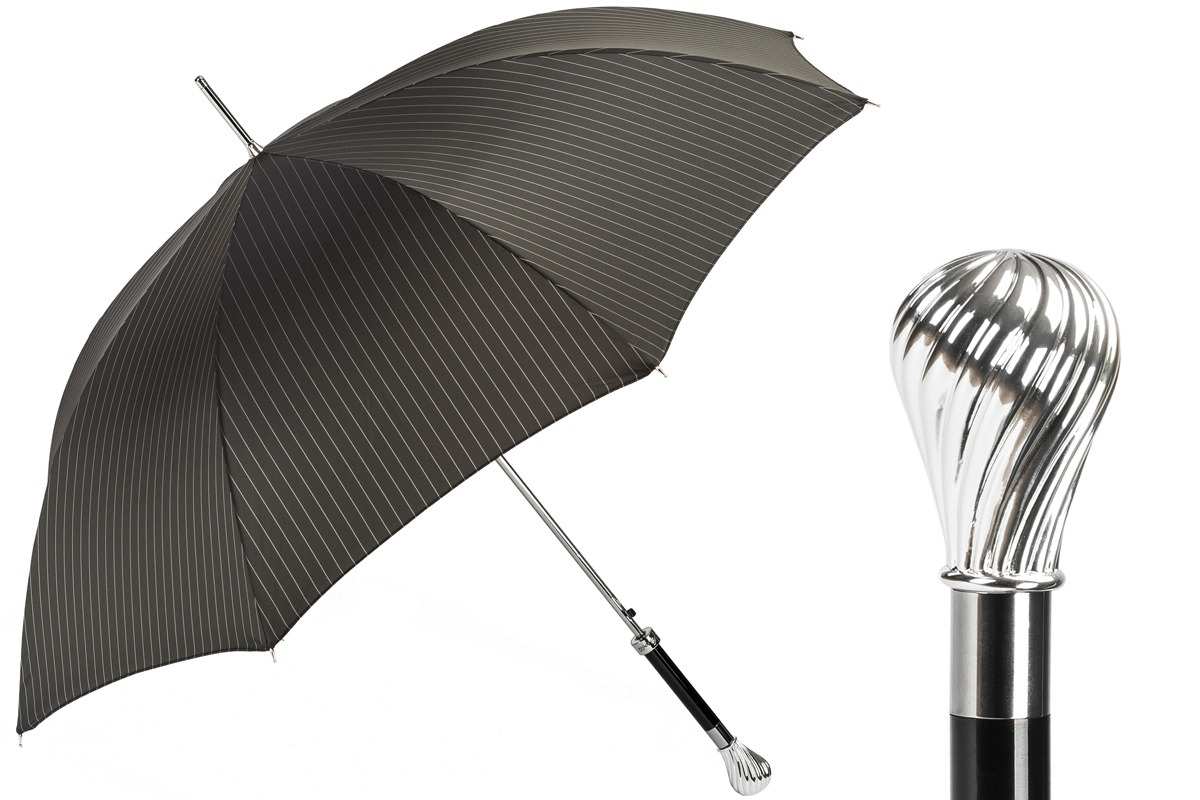 Parapluie Pasotti anthracite à fines rayures et pommeau torsadé argenté