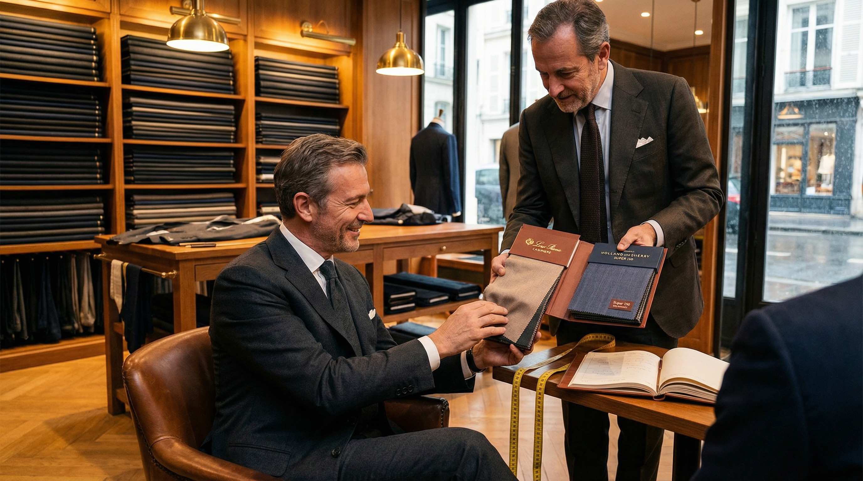 Au salon, un client assis dans un fauteuil de cuir choisit son étoffe parmi les liasses ouvertes qu'on lui présente, le mètre ruban posé sur la table
