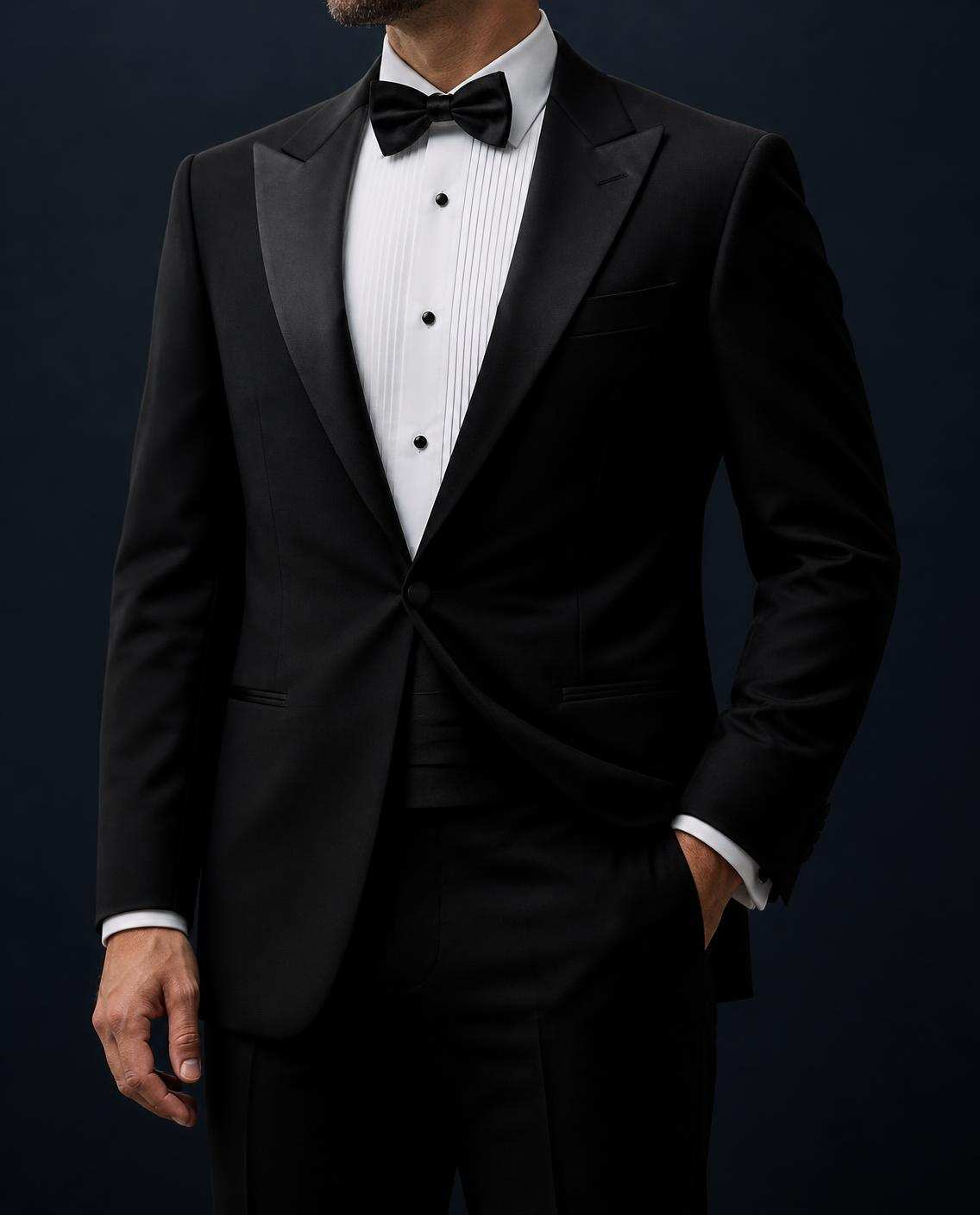 Smoking de coupe classique : veste noire droite à un bouton, revers en pointe de satin, chemise de soirée à boutons de plastron