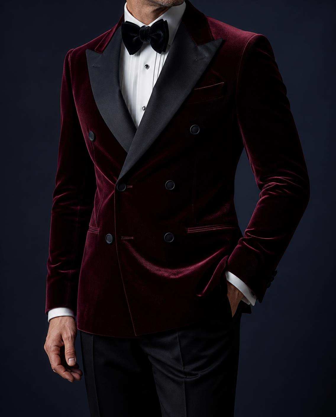 Smoking de coupe fashion : veste croisée six boutons en velours bordeaux, larges revers en pointe de satin noir