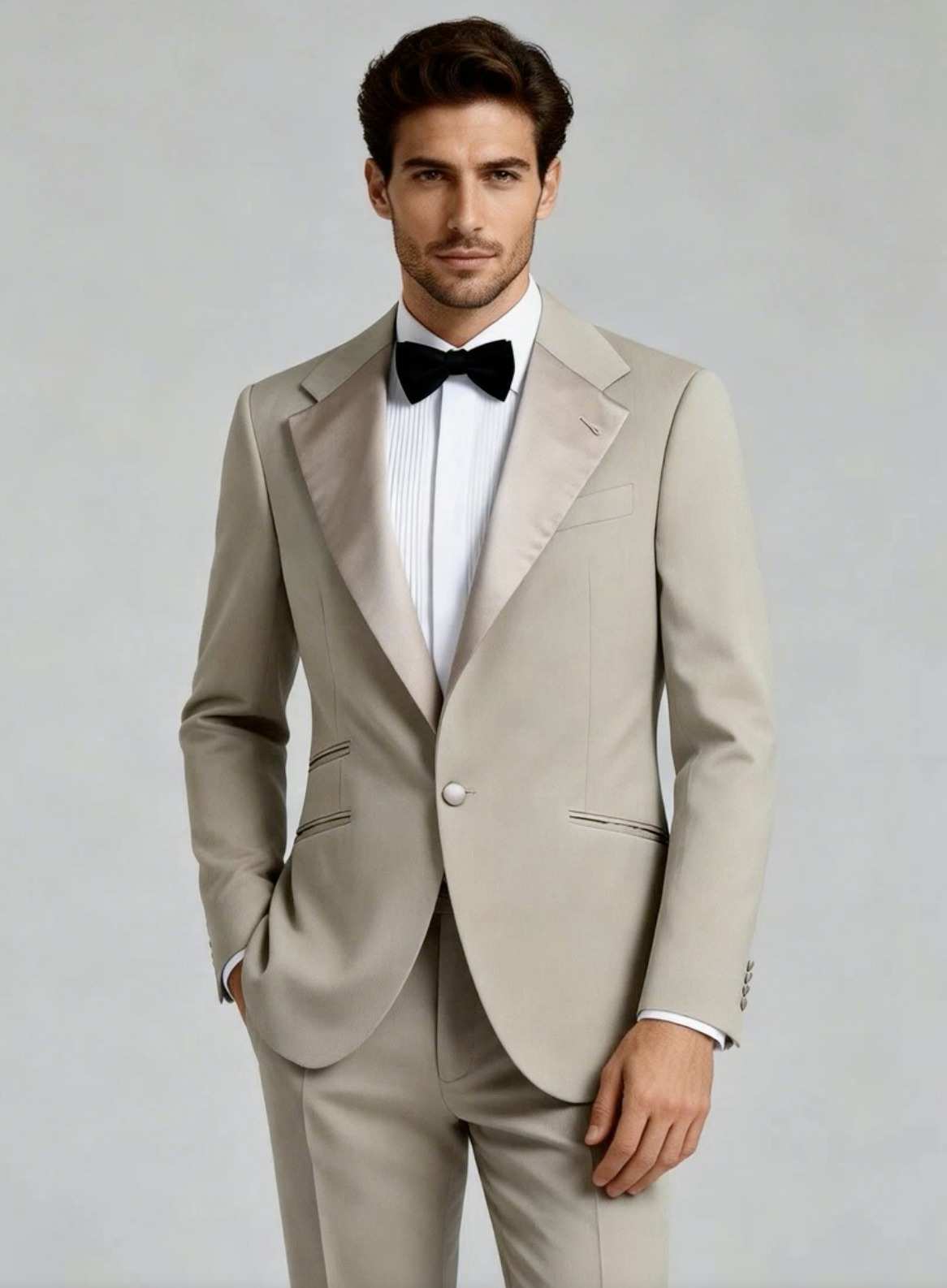 Sand tuxedo with satin lapels, black bow tie
