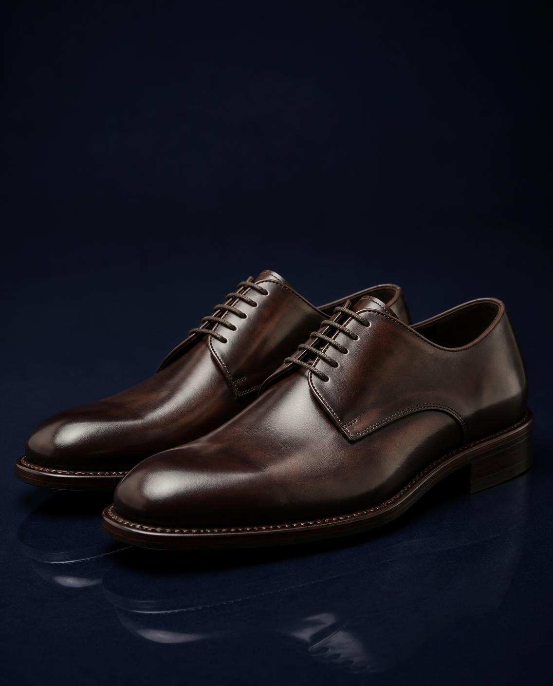 Paire de derbies en veau chocolat patiné, sur fond bleu nuit