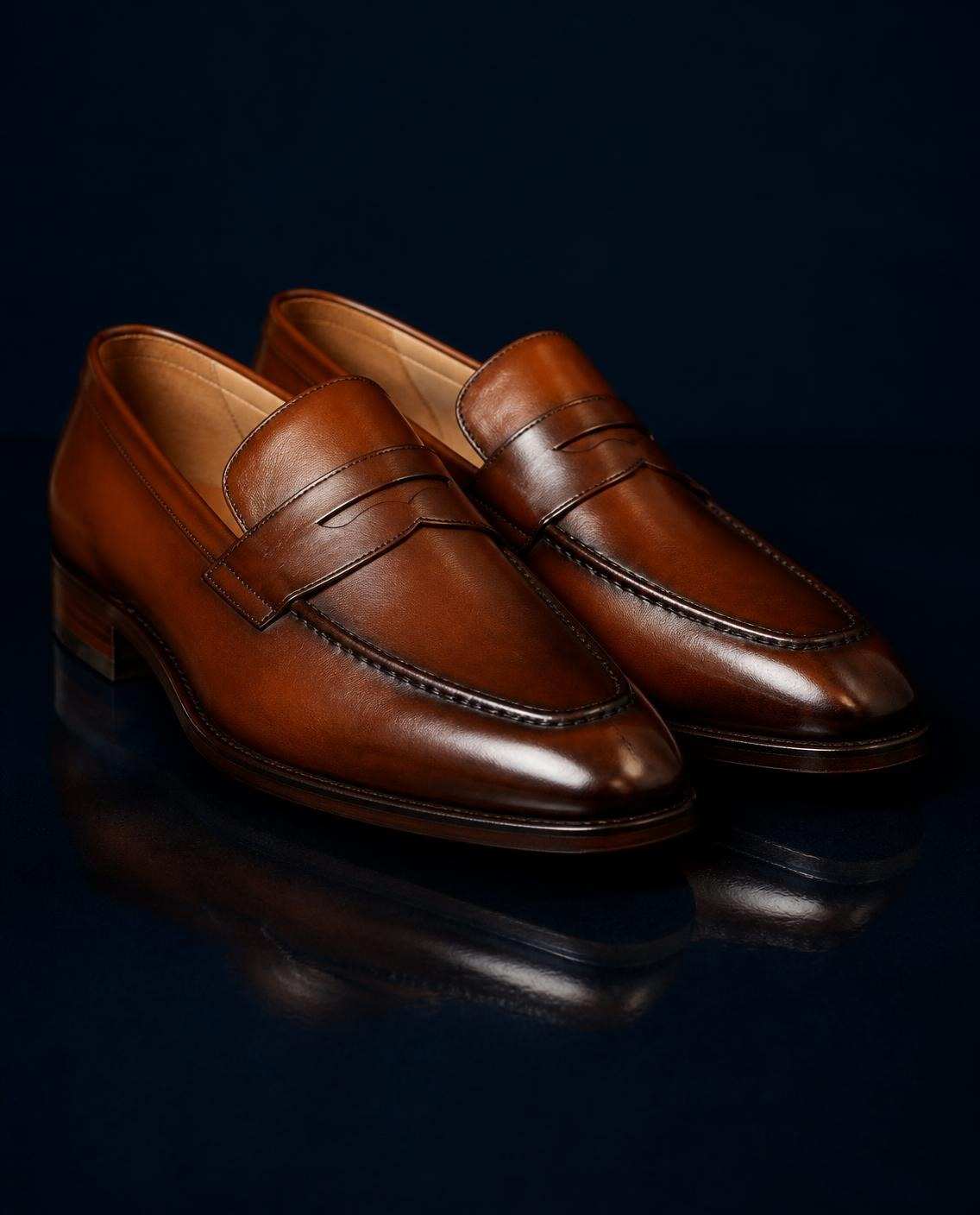 Paire de mocassins en veau cognac à patine, sur fond bleu nuit