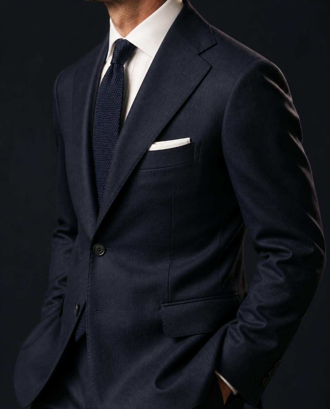 Coupe intemporelle : costume bleu marine ajusté et confortable, épaule nette, cravate tricot et pochette blanche