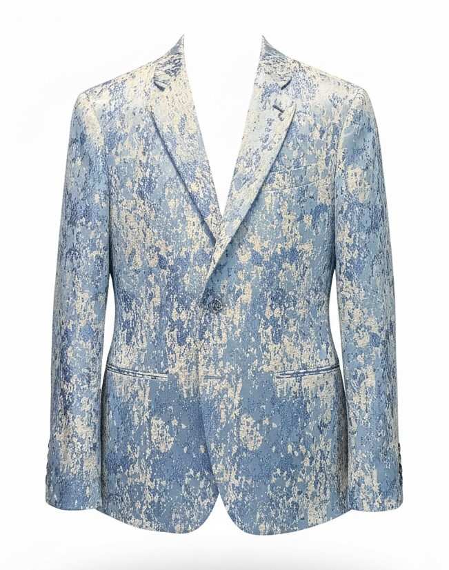 Veste de soirée en jacquard bleu ciel et ivoire, revers en pointe, un bouton, poches passepoilées